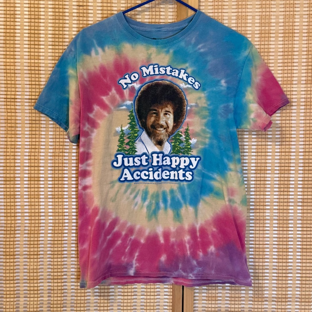 Bob Ross No Mistakes Just Happy Accidents Tie Dye Graphic T-Shirt Mens M Y2K